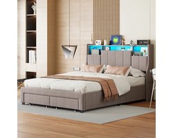 Tweepersoonsbed – Bed – Opbergbed – Led Bed – Slaapbank – 160x200 cm – Met Led Verlichting en Usb Poorten – Inclusief 2 Grote Laden