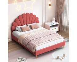 Tweepersoonsbed – Bedframe – Boxspring – Bed – Slaapbed – Rood Fluwelen Bekleding – 140 x 200 cm – Stevig Houten Frame