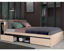 Tweepersoonsbed Bruxelles 148cm-2 legplanken, 2 lades, 1 opbegvak-zwart/eik - Parisot - Tweepersoons bedkader - Bruin; Zwart - Spaanplaat Tweepersoons Normaal bed