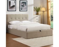 Tweepersoonsbed Corbi met opbergruimte 180x200 - zand - Poldimar - Tweepersoons gestoffeerd bed - Beige - Polyester Tweepersoons Normaal bed