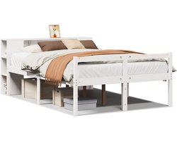 Tweepersoonsbed | Dubbelbed | Volwassenenbed | Bed met boekenkast zonder matras grenenhout wit 150x200 cm