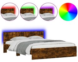 Tweepersoonsbed | Dubbelbed | Volwassenenbed | Bedframe met hoofdeinde en LED gerookt eikenkleurig 160x200 cm