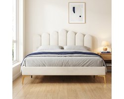 Tweepersoonsbed - Gestoffeerd Bed 140x200 cm met In Hoogte Verstelbaar Bloemblad Hoofdbord - Houten en Metalen Frame - Fluweel - Moderne Stijl - Beige