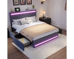 Tweepersoonsbed Gestoffeerd bed 140x200 cm met LED en USB, jeugdbed met opbergruimte en lattenbodem,4 laden,opbergbed, bedombouw,Linnen, zonder matras,Grijs