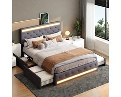 Tweepersoonsbed Gestoffeerd bed 160x200 cm met LED en USB, jeugdbed met opbergruimte en lattenbodem,4 laden,opbergbed, bedombouw,Linnen, zonder matras,Grijs