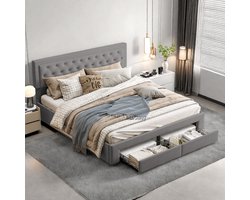 Tweepersoonsbed Gestoffeerd bed 160x200 cm | Opbergbed met 2 laden en lattenbodem, boxspring bedframe zonder matras, Fluweel grijs, geschikt als jongerenbed