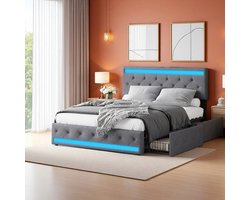 Tweepersoonsbed Gestoffeerd bed 180x200 cm met LED en USB, jeugdbed met opbergruimte en lattenbodem,4 laden,opbergbed, bedombouw,Linnen, zonder matras,Grijs