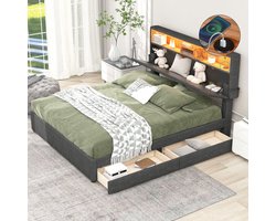 Tweepersoonsbed gestoffeerd bed met opbergruimte hoofdeinde bed met USB-oplader en LED-verlichting, functioneel bed met twee laden, verstelbaar hoofdeinde, grijs, 140x200cm