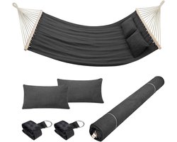 Tweepersoonsbed hangmat voor tuin - 2 zits - 232 x 148 cm - transparante houten stangen - katoenen overtrek - 2 kussens en riemen - modern design - tuin terras camping - antraciet