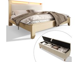 Tweepersoonsbed Houtbed 140x200 cm - Opbergruimte - LED Verlichting - Met Bedbank - Beige Cordstof - Licht Eiken