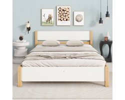 Tweepersoonsbed, houten bed, grenenhouten frame met middenpoot, jeugdbed, bed voor volwassenen, met hoofd- en voeteneinde van MDF, wit + naturel, 140x200 cm
