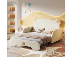 Tweepersoonsbed in de vorm van een beer, gestoffeerd bed, kinderbed, dagbed, uitschuifbed, met zachte beschermranden, met houten latten, fluweel, beige (140 x 105 cm & 140 x 200 cm)