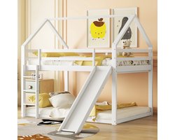 Tweepersoonsbed Kinderbed Huisbed Stapelbed met glijbaan en ladder - Kinderkamer Hoog tweepersoons stapelbed - Wit - 140x200cm