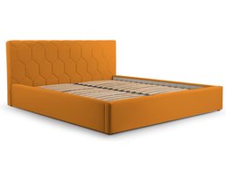 Tweepersoonsbed met fluwelen bekleding, met hoofdeinde, lattenbodem, bed voor volwassenen - BED 02 - 160x200 - Donker geel (TRINITY 26)