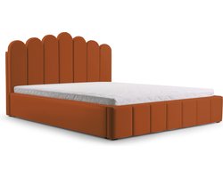 Tweepersoonsbed met fluwelen bekleding, met hoofdeinde, lattenbodem, bed voor volwassenen - BED 03 - 140x200 - Donker oranje (TRINITY 25)
