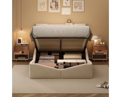 Tweepersoonsbed met gasveren 140x200 cm met verborgen opbergruimte in het hoofdeinde en zachte velours hoes voor uw slaapkamer, beige
