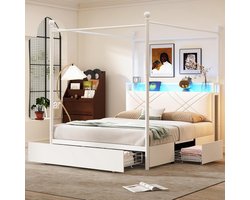 Tweepersoonsbed met Hemel - Hemelbed met Opbergruimte - Comfortabel Slapen - Geïntegreerde LED Verlichting - 140 x 190 cm - Wit