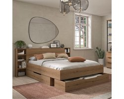 Tweepersoonsbed met laden en opbergruimte Lucian | 140 x 200 cm | Helvezia Oak-design - Gautier - Gami - Tweepersoons bedkader - Bruin - MDF Tweepersoons Normaal bed