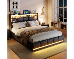 Tweepersoonsbed met LED-verlichting en USB-aansluiting, 140 x 200 cm, hydraulisch verstelbaar bed met opbergruimte, gewatteerd hoofdeinde, brede lattenbodem, zwart, PU-stof