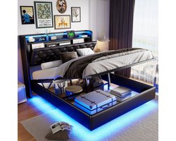 Tweepersoonsbed met opbergruimte 140x200 cm, gestoffeerd bed - lattenbodem van massief hout, ledverlichting, multifunctionele opbergruimte, dubbele USB-poorten, kunstleer - Zwart