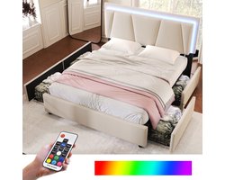 Tweepersoonsbed met opbergruimte 140x200 cm met 4 lades en ledverlichting - Gestoffeerd bed met opbergruimte en in hoogte verstelbaar hoofdeinde - Linnen - Beige