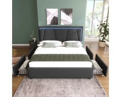 Tweepersoonsbed met opbergruimte 140x200 cm met 4 lades en ledverlichting - Gestoffeerd tweepersoonsbed met in hoogte verstelbaar hoofdbord - Linnen - Grijs