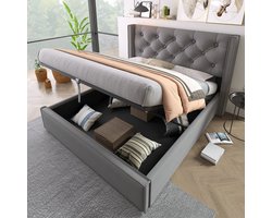 Tweepersoonsbed met opbergruimte 160x200 cm met lattenbodem van grenenhout - tweepersoonsbed, gestoffeerd - massief hout + katoen + metaal - grijs