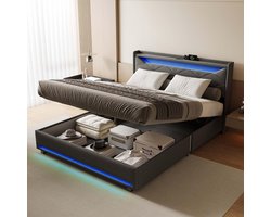 Tweepersoonsbed met opbergruimte 160x200 | LED-verlichting | Hydraulisch systeem | Linnen MDF Metaal | 300 kg draagvermogen | Zonder matras - Grijs - 140x200 cm