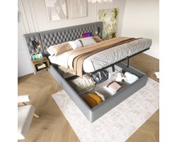 Tweepersoonsbed met opbergruimte 180x200 cm - inclusief 2 nachtkastjes - met leeslamp en USB-oplaadfunctie - grijs - zonder matras