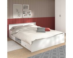 Tweepersoonsbed met opbergruimte - 2 laden en een niche - 140 x 190 cm - Kleur: wit - L 145.8 cm x H 58.9 cm x D 193 cm