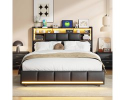 Tweepersoonsbed met Opbergruimte en LED-verlichting, 140 x 200 cm, Gevoerd Stoffen Bed