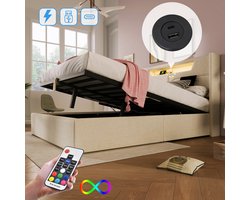 tweepersoonsbed met opbergruimte, gestoffeerd bed met LED-verlichting, USB-oplaadfunctie en opbergbedframe zonder matras, beige, 140 x 200 cm