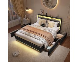 Tweepersoonsbed met opbergruimte - Ladebed met led - Slaapkamer Organisatie - Geïntegreerd nachtkastje - 140 x 190 cm - Donkergrijs