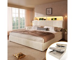 Tweepersoonsbed met zachte bekleding – afmetingen 140 x 190 cm – met in hoogte verstelbaar hoofdeinde met opbergruimte – hydraulisch bed met ledverlichting en USB/Type-C-oplaadstation – fluweel – beige – inclusief lattenbodem (zonder matras)