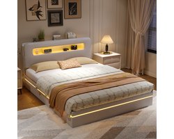 Tweepersoonsbed Opbergbed 140x200 cm - RGB LED-verlichting, Dubbel Opberg hoofdeinde, Gestoffeerd Bed voor Volwassenen en Tieners, Beige Fluweel (Zonder Matras)