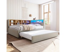 Tweepersoonsbed slaapbank voor volwassenen 140x200 onderschuifbed 90x190 met USB-aansluiting en talrijke opbergvakken lichtgrijs