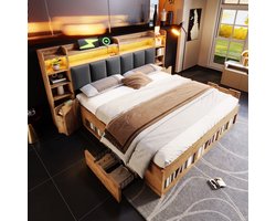Tweepersoonsbed van 160x200 cm, Eikenhouten Afwerking, Gestoffeerd Hoofdbord met Ledverlichting, Nachtkastjes met USB- en Type-C-aansluitingen, Opbergruimte en Uitschuifbare Lades, Lattenbodem (Matras niet Inbegrepen)