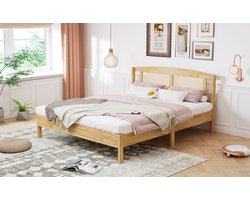 Tweepersoonsbed Van Rotan Met 15 Latten - 160x200 Cm - Natuurlijk Hout - Centrale Steunpoo
