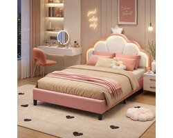 Tweepersoonsbed voor kinderen, 140 x 200 cm, prinsessenbed voor meisjes, met in hoogte verstelbaar LED-hoofdeinde, kroondesign, lattenbodem, gestoffeerd kinderbed, geschikt voor tieners, Flanel Roze
