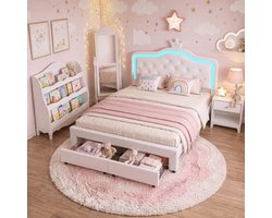 Tweepersoonsbed voor meisjes, 140 x 200 cm, met ledverlichting, meisjeskroonbed, in hoogte verstelbaar hoofdeinde, met 2 lades, tweepersoonsbed van PU-leer, Wit