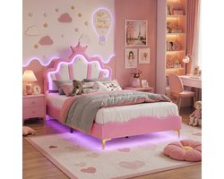 Tweepersoonsbed voor meisjes 140x190 cm, LED-verlichting, kroonvormig verstelbaar hoofdeinde, prinsessenbed, fluweel, Roze prinsessenbed, matras niet inbegrepen