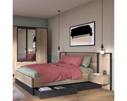 Tweepersoonsbed Yuri 160x200cm - antraciet/eik decor