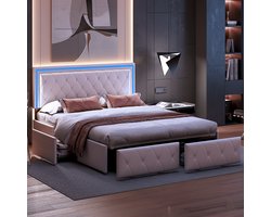 Tweepersoonsbedde 140x200 cm - Zacht Tas bed - Jeugdbed - Volwassenbed - Verstelbaar met leer bekleed Kussen hoofdeinde - Ruitpatroon - RGB LED-stripverlichting - 4 lades - Metalen frame - Lattenbodem - Grote opslagruimte - Hedendaagse stijl - Beige