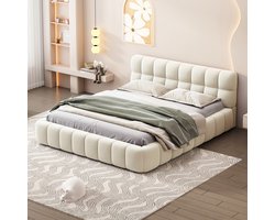 Tweepersoonsbedden 140x190 cm - Volwassenbed - Jeugdbed - Gestoffeerd bed - Linnen gestoffeerd hoofdbord - Metalen frame - Lattenbodem - Hedendaagse stijl - Beige