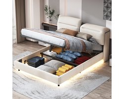 Tweepersoonsbedden 140x200 cm - gestoffeerd bed - Volwassenbed - Luchtdruk-hefsysteem - Verstelbaar fluwelen hoofdeinde - RGB LED-lichtstrip - Metalen frame - Lattenbodem - Grote opbergruimte - Hedendaagse stijl - Beige