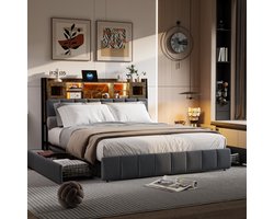 Tweepersoonsbedden 140x200 cm Gestoffeerd, USB-functie en stopcontact, opbergvakken, ledverlichting, linnen gestoffeerd hoofdbord, Gestoffeerd bed voor tieners in slaapkamer met metalen frame 4 lades, zwart