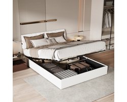 Tweepersoonsbedden 140x200 cm - Jeugdbed - Volwassenbed - Gestoffeerd bed - Line pattern adjustable upholstered headboard - Hydraulisch liftsysteem - USB-poort - Metalen frame - Lattenbodem - Large storage space - Moderne stijl - beige