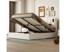 Tweepersoonsbedden 140x200 cm - LED reading light - Velvet upholstered headboard - Metal frame - Slatted base - Hydraulic lifting system - Plenty of storage space - Modern design - Beige