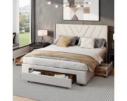 Tweepersoonsbedden 140x200 cm, slaapkamer Volwassen bed, Gestoffeerd bed, Jeugdbed met gestoffeerd hoofdeinde, Lijnpatroon PU gestoffeerd opbergbed, 3 lades met houtnerfmotief, Geschikt 2-3 personen, beige, Matras niet inbegrepen