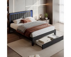 Tweepersoonsbedden 140x200 cm - Tienerbed - Gestoffeerd bed - Volwassen Bed - USB Type-C poort - 1 grote lade - Slimme LED lichtstrip - Linnen gestoffeerd hoofdbord - Metalen frame - Lattenbodem - Grote opslagruimte - Moderne stijl - Donkergrijs